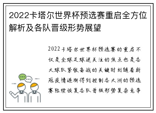 2022卡塔尔世界杯预选赛重启全方位解析及各队晋级形势展望